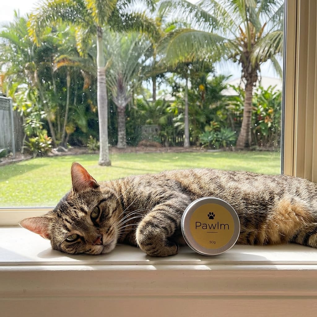 Relaxed tabby cat on a sunny windowsill next to a tin of Pawlm