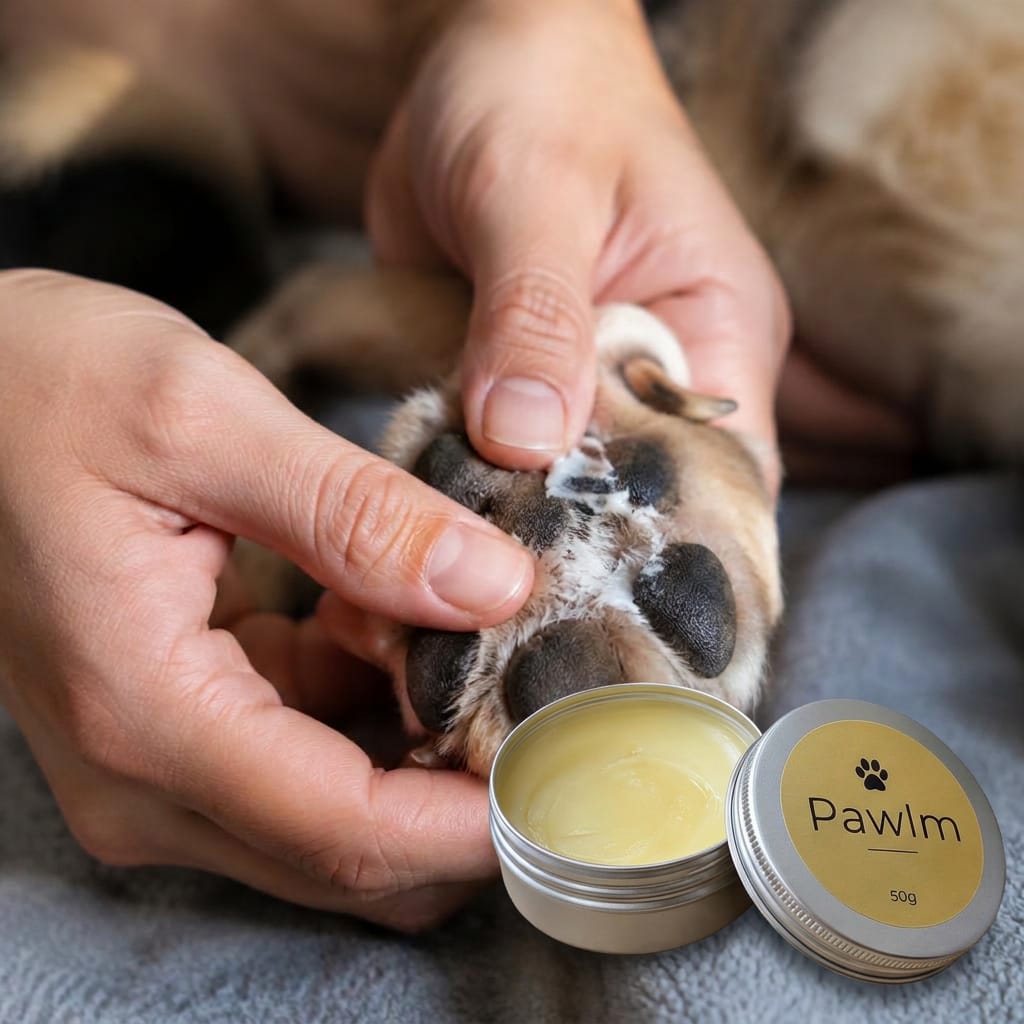 Close-up of hands massaging balm into a dog's paw pad
