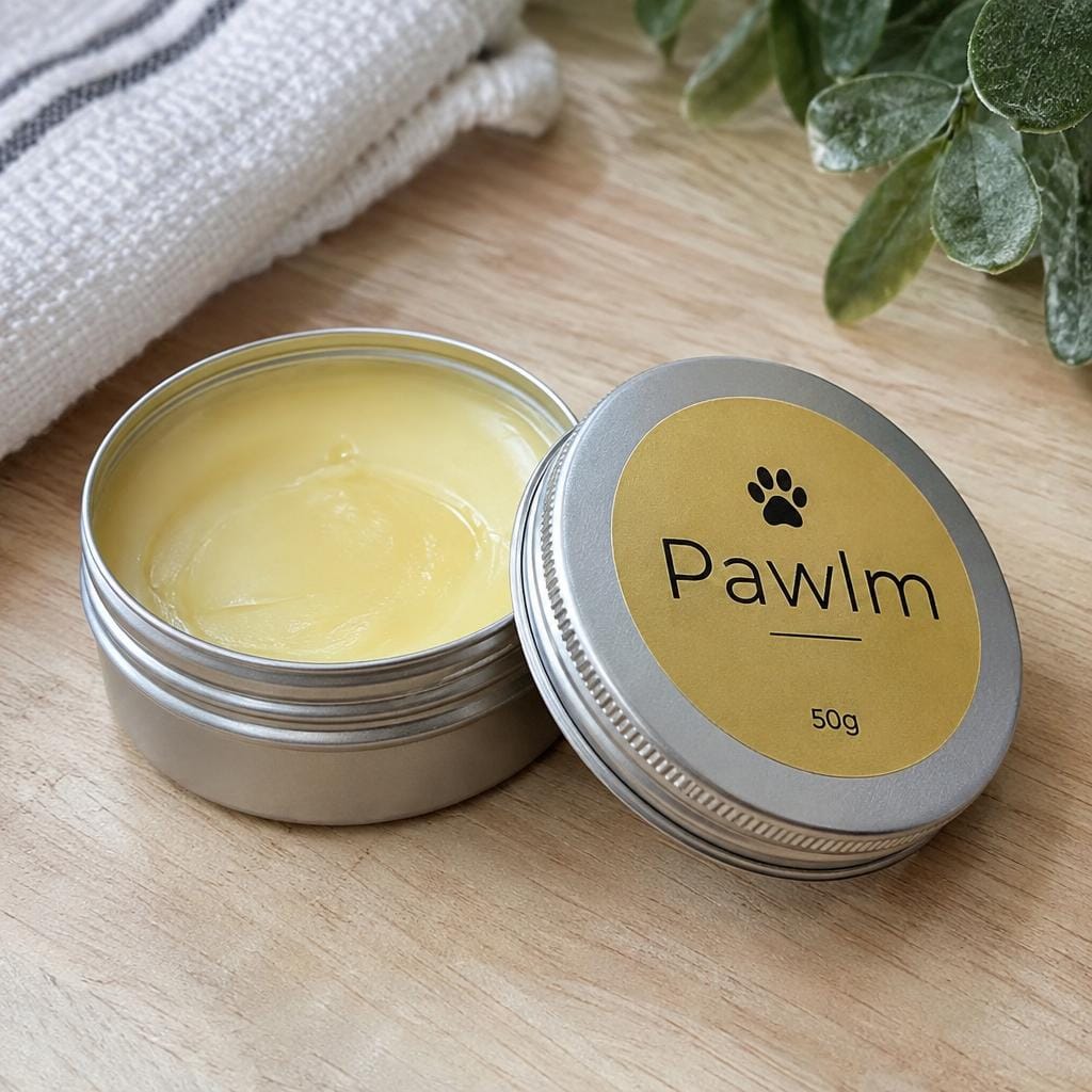 Open silver tin of creamy pale-yellow Pawlm balm on a wooden bench